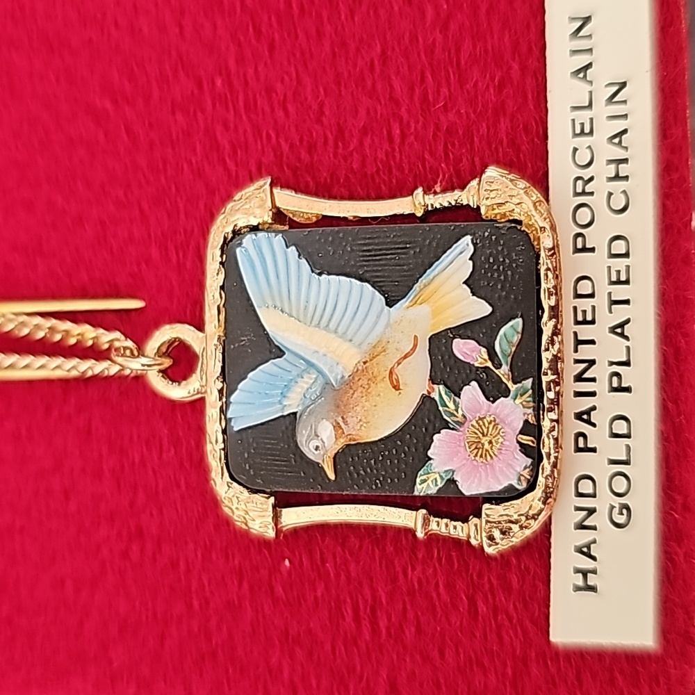 Vintage Stratton Arita Hand Painted Porcelain Gold Plated Chain Necklace - Picture 5 of 10